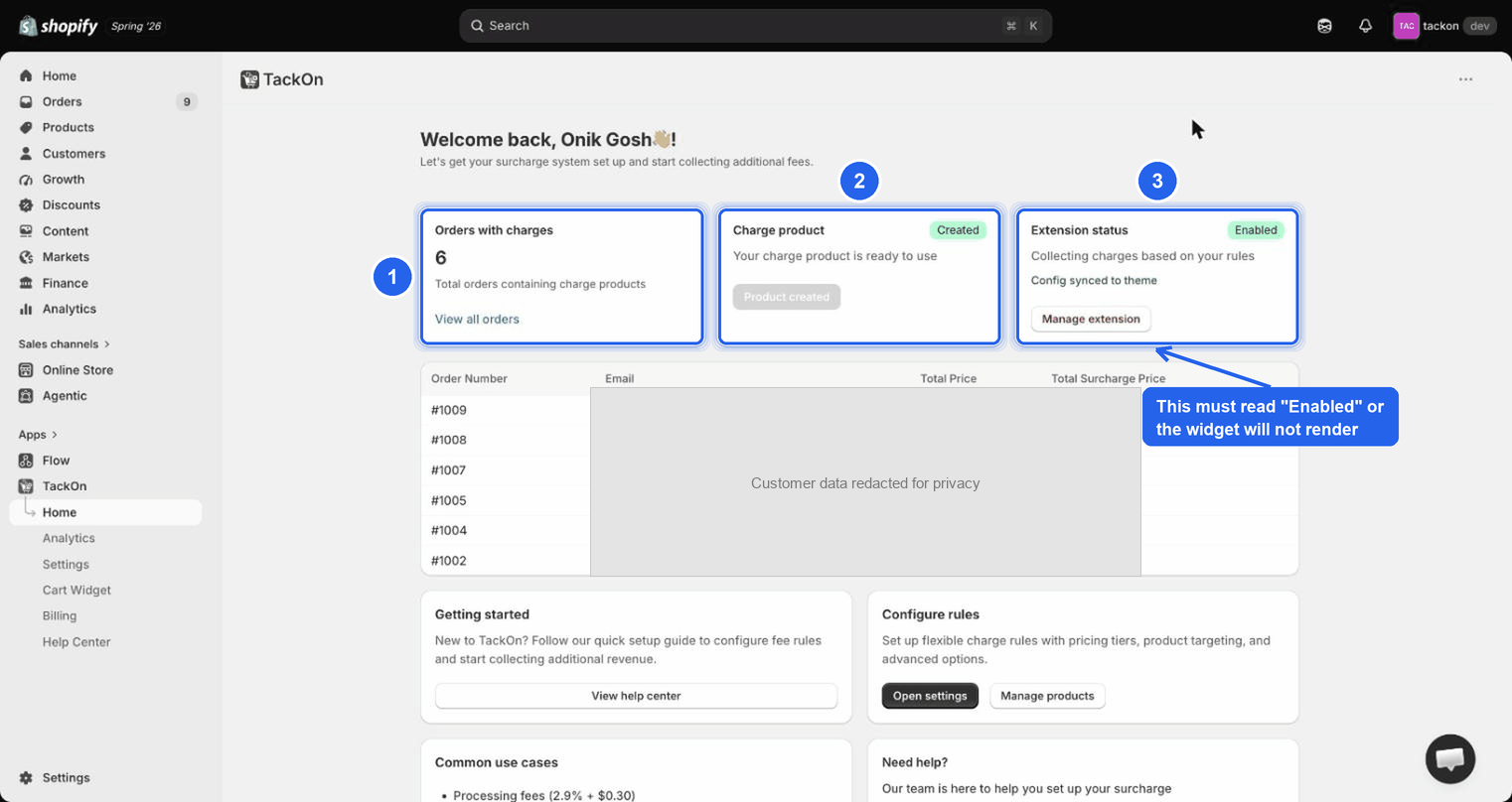 TackOn Home dashboard showing the Orders with charges, Charge product and Extension status cards above a recent orders table