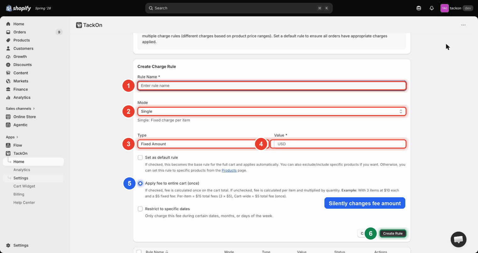 The Create Charge Rule form in Single mode, showing Rule Name, Mode, Type, Value, the three checkboxes, and the Create Rule button
