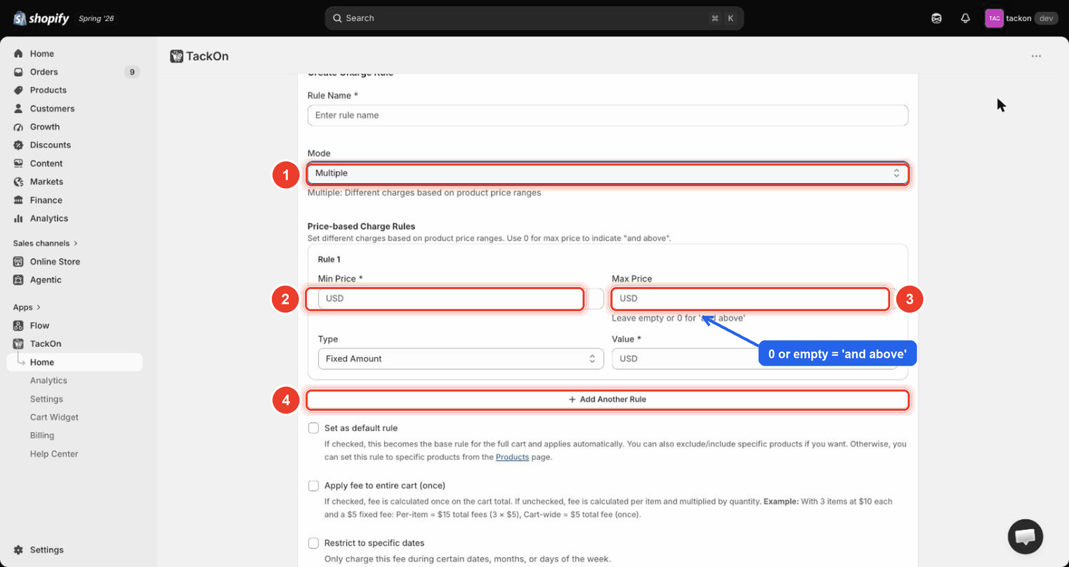 The Create Charge Rule form with Mode set to Multiple, showing the Price-based Charge Rules block with Min Price, Max Price, Type, Value and the Add Another Rule button