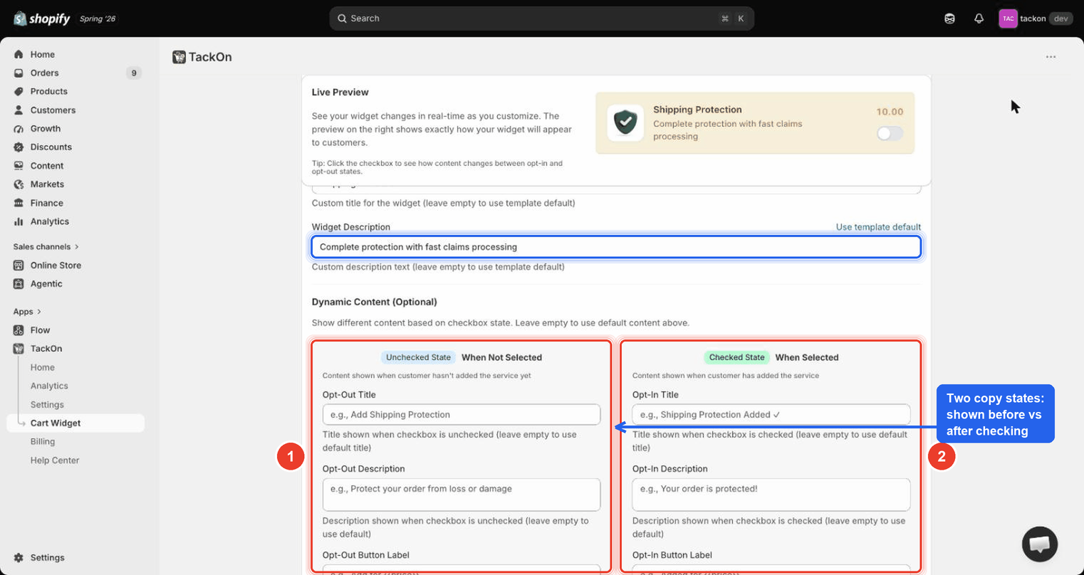 Dynamic Content section of the Cart Widget page with two side-by-side columns, Unchecked State on the left with Opt-Out Title, Description and Button Label, and Checked State on the right with the Opt-In equivalents