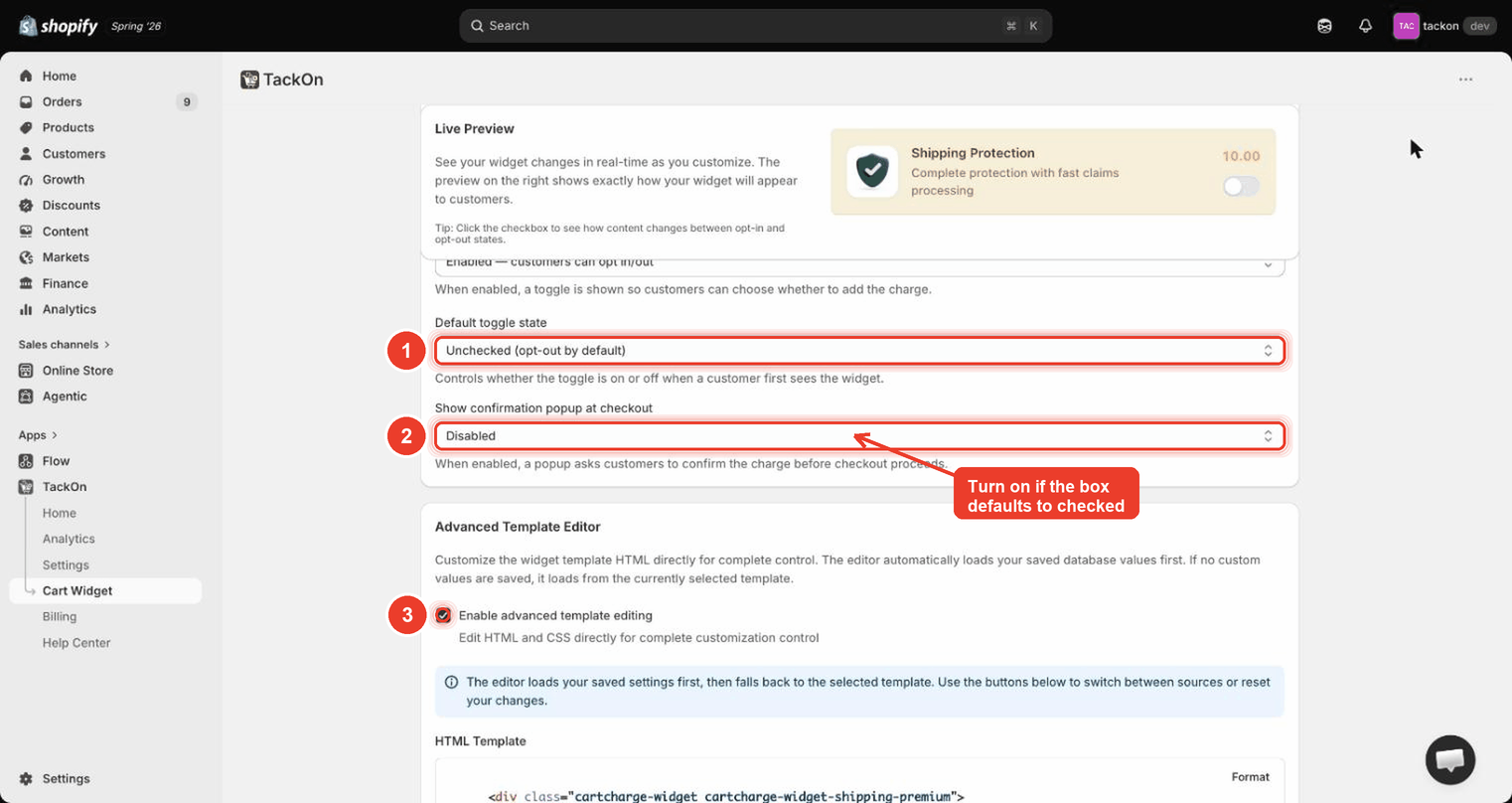 Widget behaviour settings showing the Default toggle state select, the Show confirmation popup at checkout select, and the Enable advanced template editing checkbox with the HTML template editor below