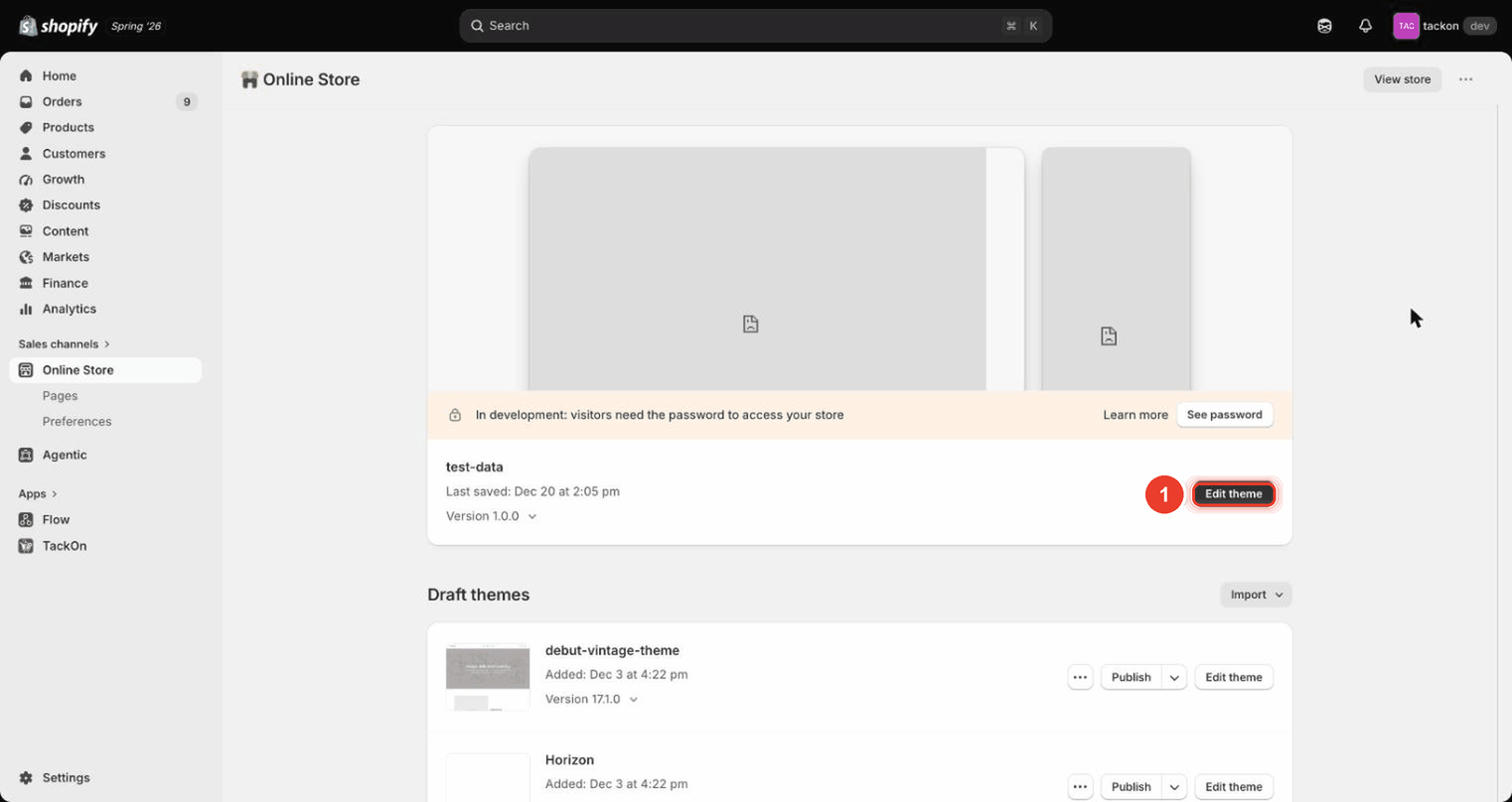 Shopify Online Store Themes page with the active theme card and its Edit theme button