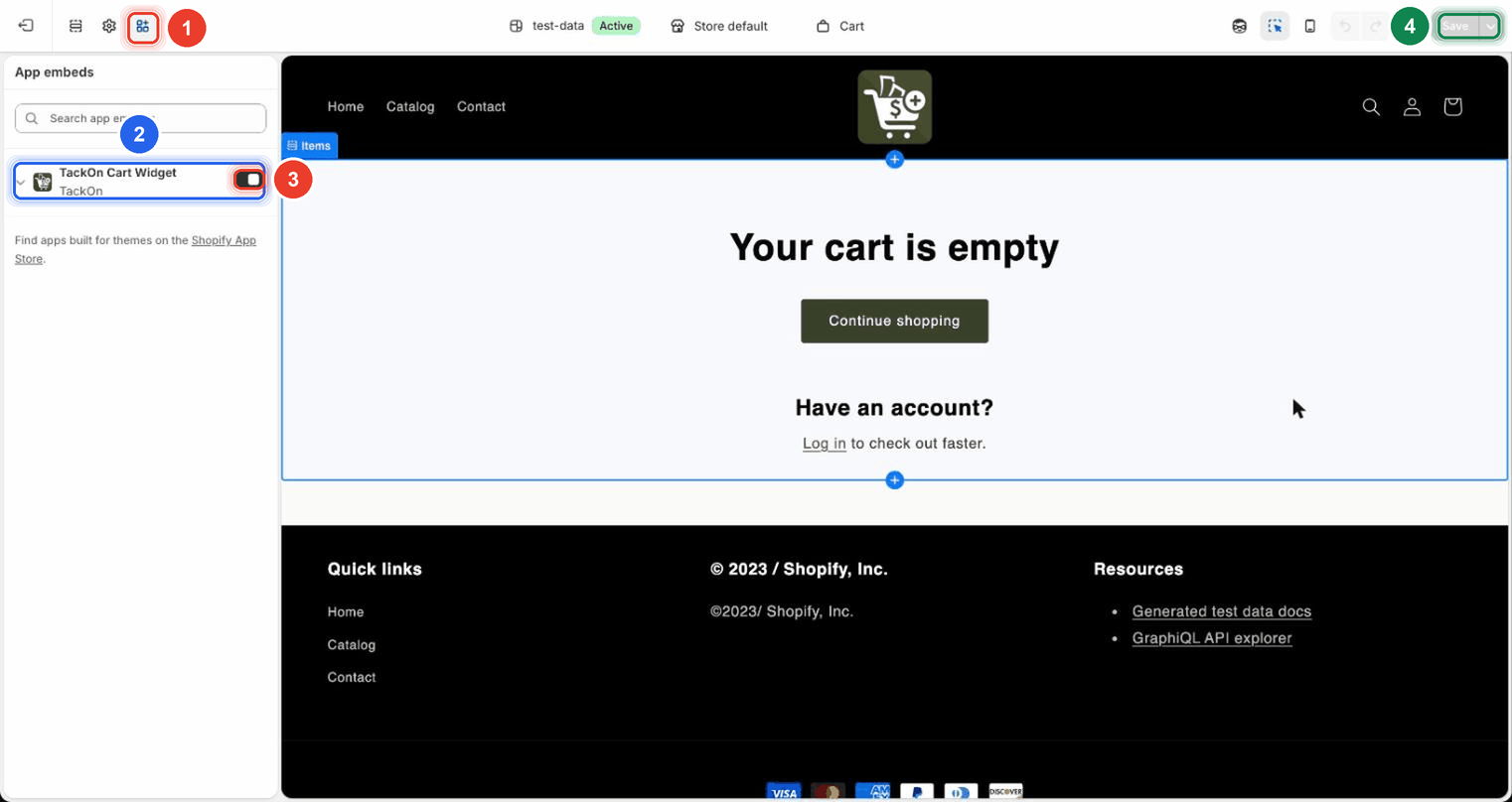 Theme editor with the App embeds panel open, showing the TackOn Cart Widget row, its toggle, and the Save button