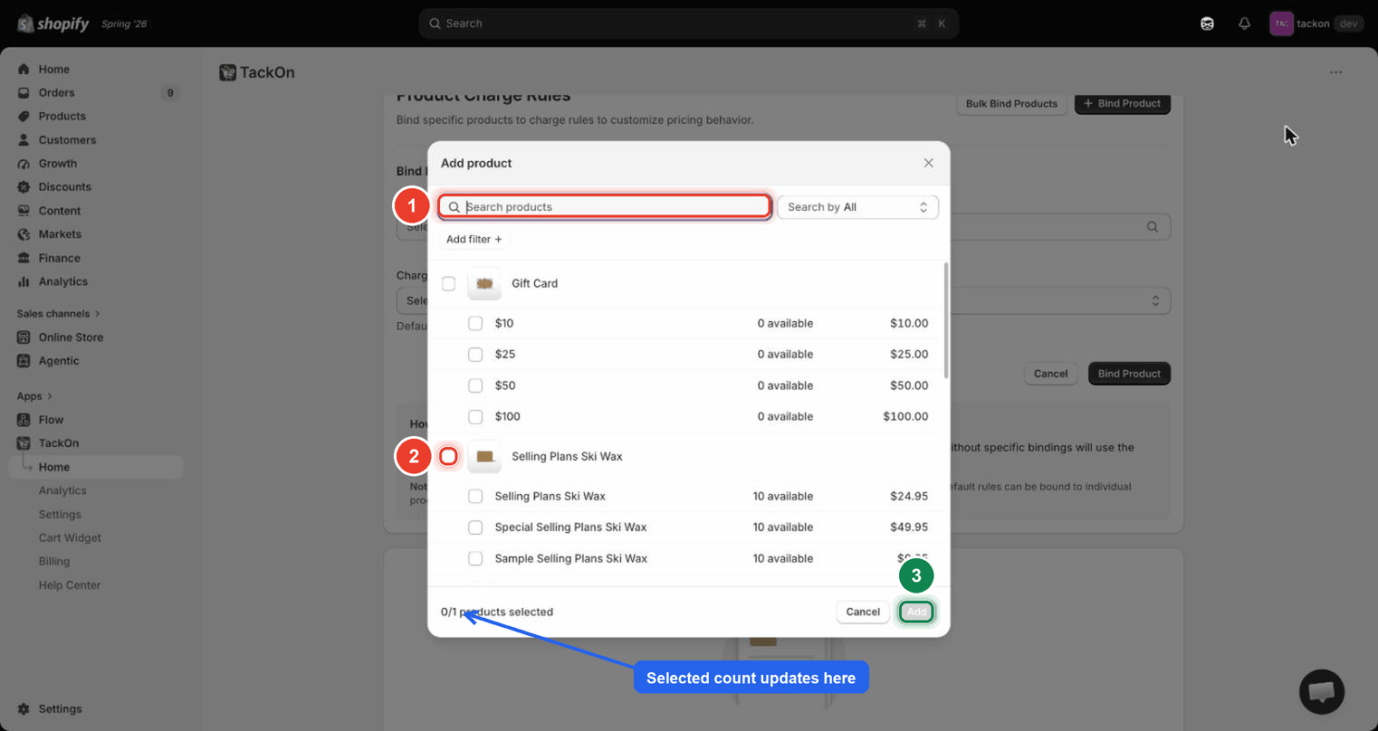 The Add product modal over the binding panel, with a product search field, a list of products with checkboxes, a selected-count and an Add button