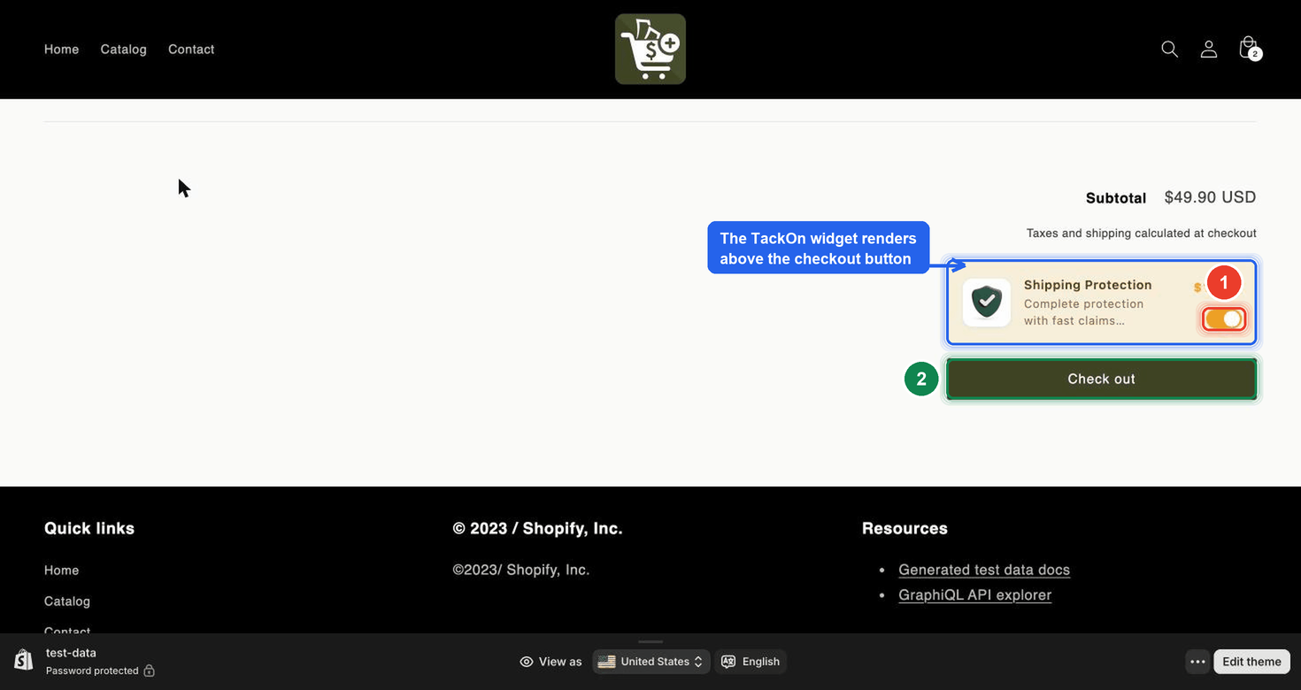 A live storefront cart showing the Shipping Protection widget sitting between the cart subtotal and the Check out button, priced at $10.00 with its toggle switched on